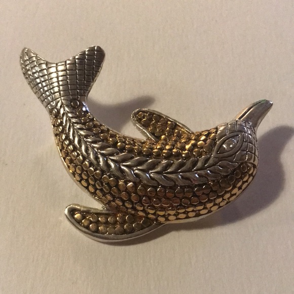 Dolphin Brooch Silver and Gold Tone - costume Jewelry - Picture 2 of 6
